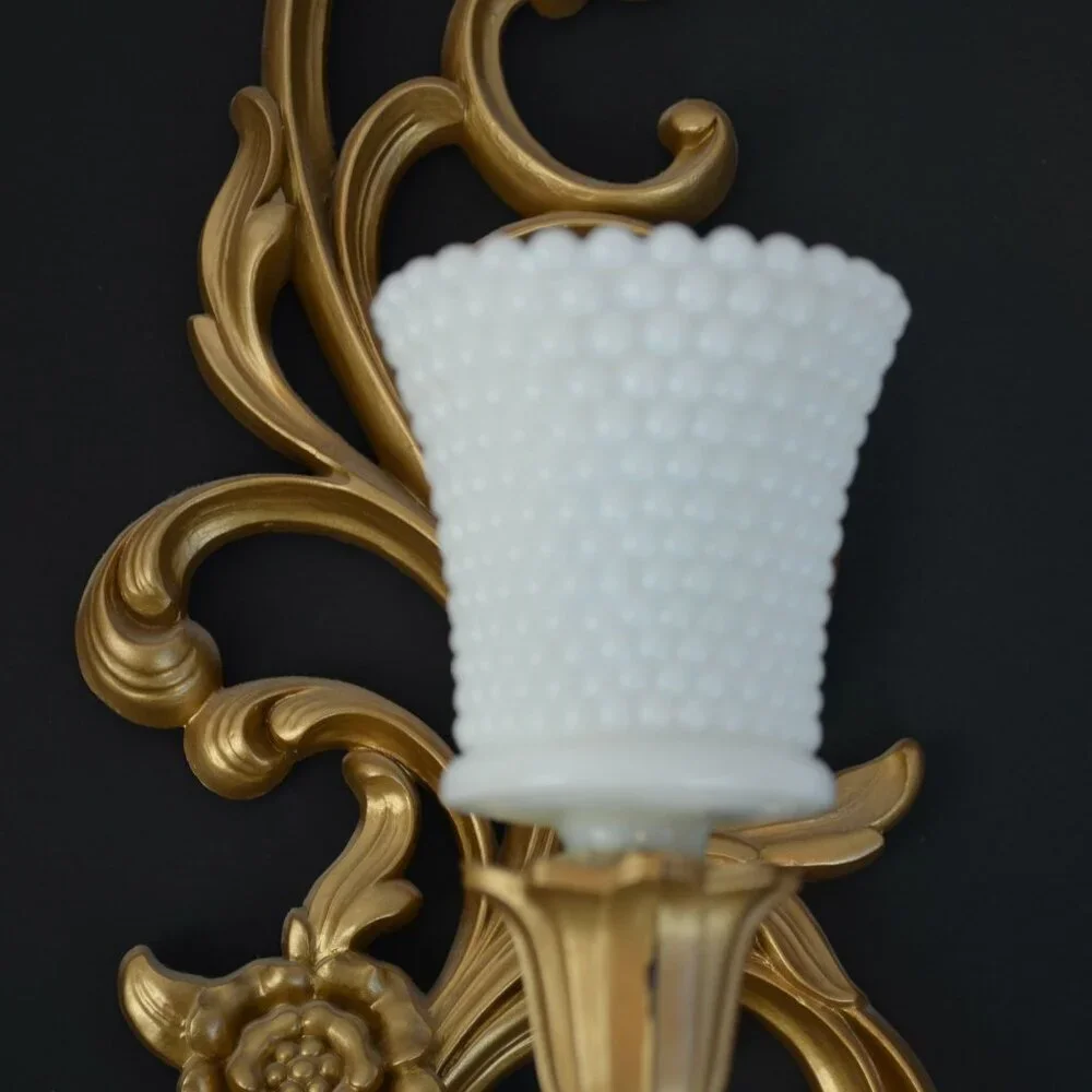Syroco Vintage Hollywood Regency Gold Painted Candle Sconces with Milkglass Voti